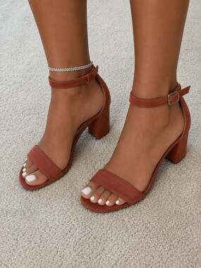 whitemt. Faux Suede Ankle Strap Block Heel Sandals in Rust Red